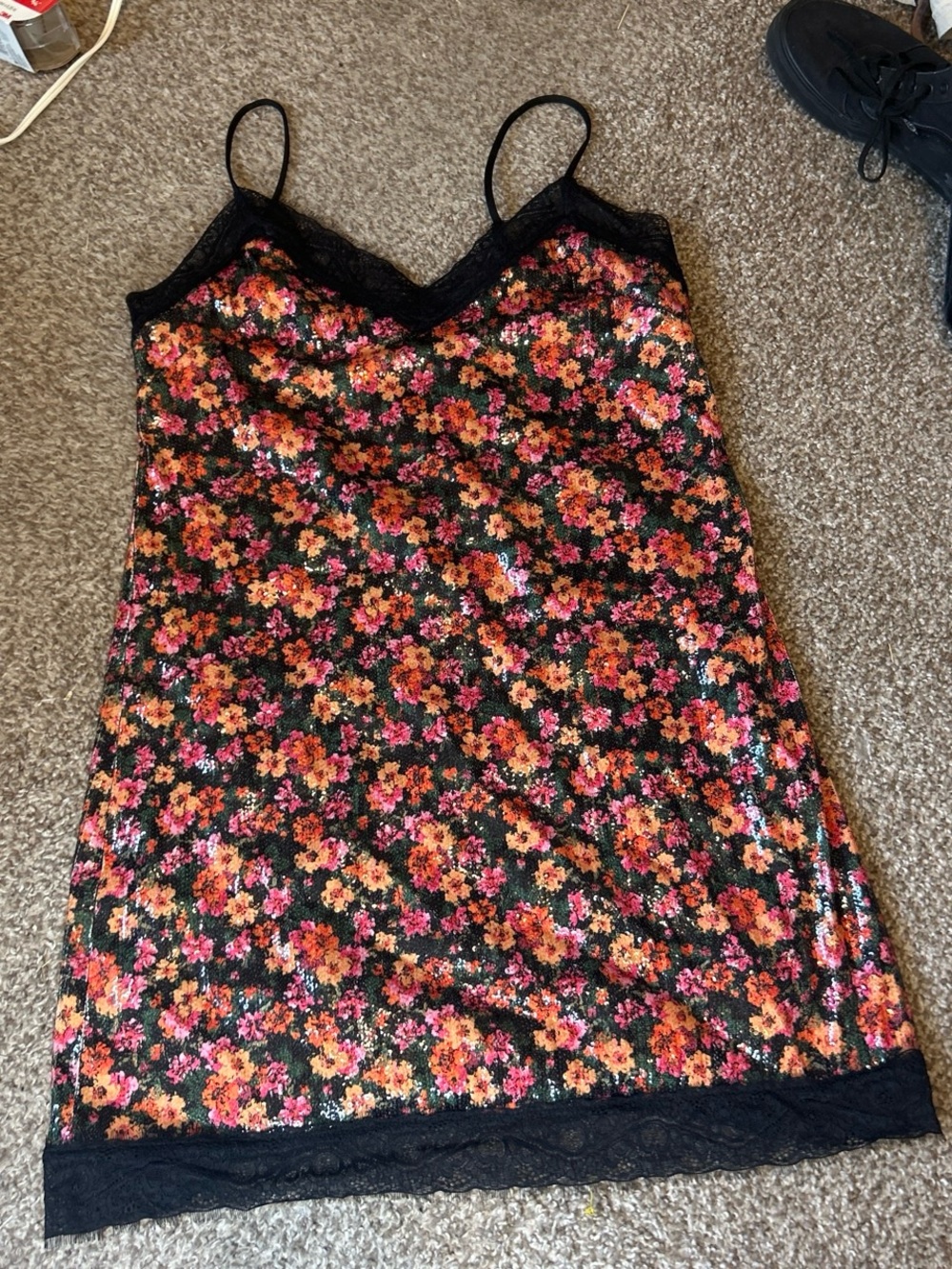 Topshop Black Cami Dress with Pink & Orange Floral Sequins